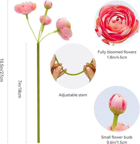 24 Pcs Ranunculus Artificial Flowers 10.5", Mini Faux Silk Ranunculus with Stem, Fake Flowers for Home Decor Indoor Wedding Bouquets Centerpieces (Coral)