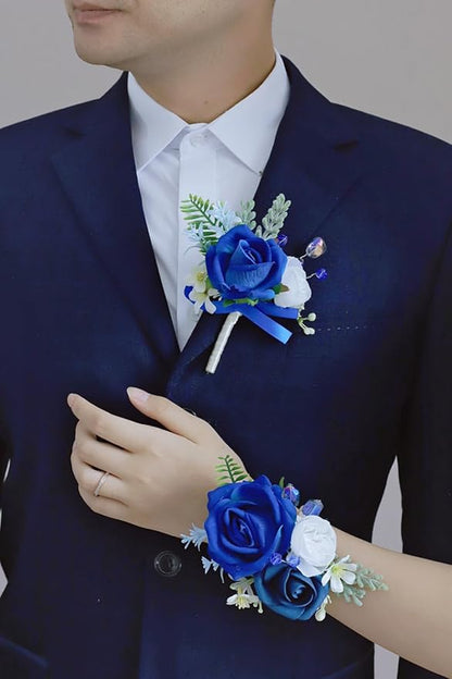Royal Blue Corsage and Boutonniere Set, Prom Wedding Homecoming Wrist Corsage Wristlet and Boutonniere Set for Grooms Groomsmen Guest Bridal Bridesmaid Artificial Flower Suit Decoration