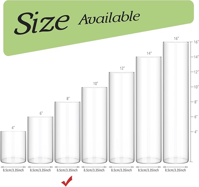 12 Pack Glass Cylinder Vases 8 Inch Tall Clear Flower Vase for Centerpieces, Hurricane Floating Candle Holder Wedding Decorations, Floral Vase Bulk for Table Shelf Party Home Deco (8 x 3.35 Inch)