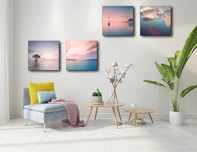 dgbtcart Romantic Sunset Beach Canvas Wall Art - Ocean Pictures Prints Colorful Seascape Painting Artwork for Bedroon Living Room, Bathroom - Office Kitchen Wall Decor 12"x 12" x 4 Panels