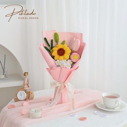 Hand-Woven Flower Bouquet Finished（1pcs） for Mother Girlfriend Birthday Gift Wedding Decoration Crochet Artificial Flower, Bouquet Gift (Sunflower Pink)