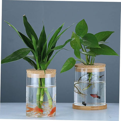 VILLCASE 2pcs Wood Art Glass Vase with Cork Stopper for Hydroponic Plants Decorative Flower Pot for Indoor Greenery Minimalist Plant Vase for Home and Office Decor