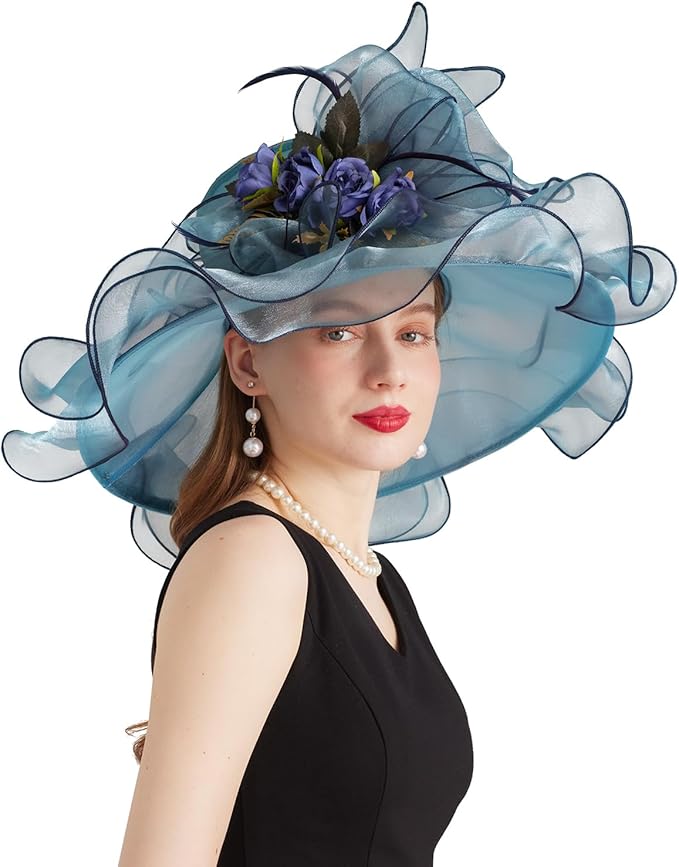Organza Derby Hats for Women Wide Brim Fascinator Hat Rose Flower Wedding Tea Party Hat