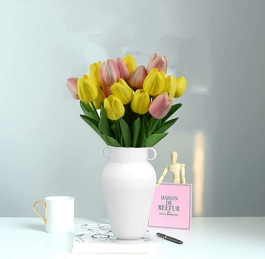 24pcs Artificial Tulips Flowers Fake Faux Tulip Bouquet Real Touch Flower Arrangement for Home Decoration Excellent Gift Idea for Mothers Day (Pink and Yellow)