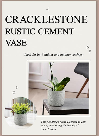 Serene Spaces Living CrackleStone Rustic Cement Vase, Decorative Planter with Cracked Texture, Perfect for Succulents, Small Plants, or Floral Arrangements, 7" Diameter & 6" Tall