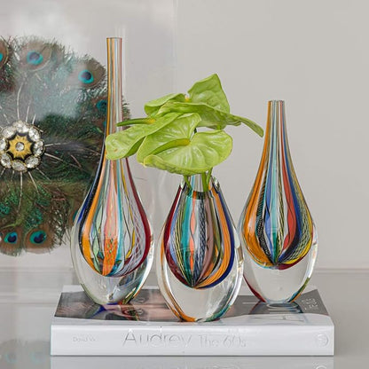 Ca D Oro Small Drop Glass Vase Boho with Colored Canes Hand Blown Murano-Style Art Glass - Model Tall