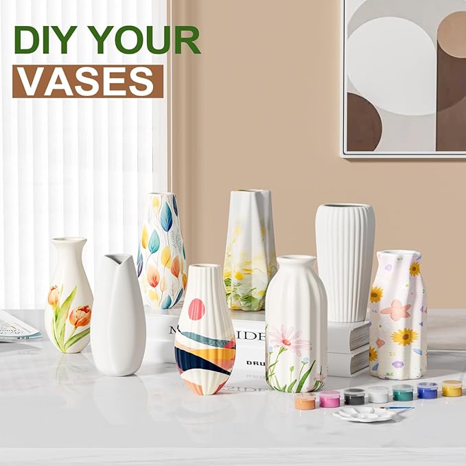 OERGKE White Ceramic Vase Set of 8, Small vases for Flowers with Painting Kit, Modern Boho Vases for Home, Living Room, Office, Farmhouse Decor, Dining Table, Bedroom, Kitchen Shelf