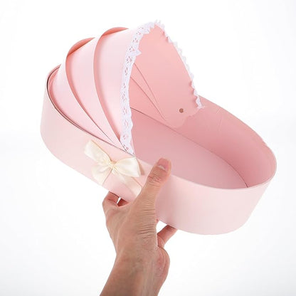 KOMBIUDA Valentine Day Bouquet Packaging Box Pink Floral Cradle Shape Box Half-open Design for Flower Arrangements Shower Anniversary Wedding