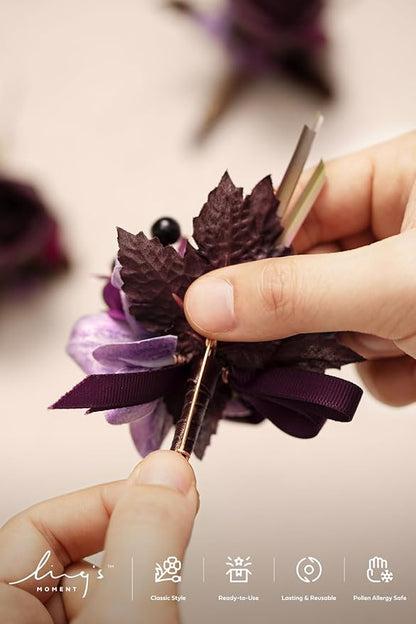Ling's moment Boutonniere for Men, 6pcs Groom Groomsmen Boutonniere, Artificial Flowers for Wedding Decor/Prom/Homecoming, etc.Deep Purple