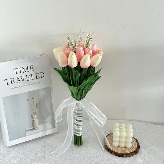 Artificial Floral Tulip Bouquet 20pcs Artificial Tulip Flowers,Bridesmaid Bouquet with Wedding Ceremony Festivals Anniversary Bridal Rehearsal Party Bar Table Decor(Light Pink and Pink)