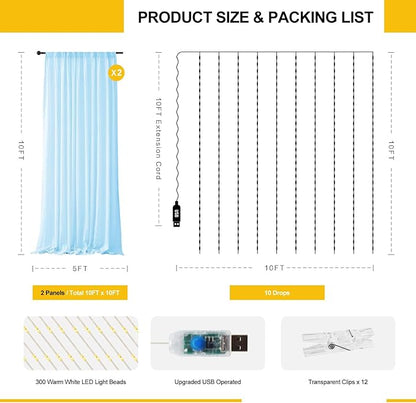 Tulle Curtain Backdrop with 300 LED Fairy Lights for Parites Wrinkle-Free Sheer Curtain Drapes Photo Back Drop for Wedding Baby Shower Bridal Shower Birthday Home Décor - 10ft×10ft, Baby Blue
