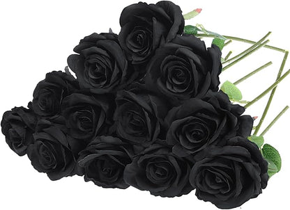 Felice Arts 12 Pack Black Roses Artificial Silk Flowers, Realistic Fake Roses Bouquet with Short Bendable Stems for Home Kitchen Vase Arrangements Wedding Centerpiece Halloween Party DIY Decor