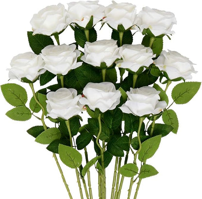 Mocoosy 12 PCS White Rose Artificial Flowers, Fake Roses with Long Stem Realistic Silk Rose Bouquets Wedding Centerpiece Decorations Faux Floral Arrangement Bridal Shower Party Home Office Table Decor