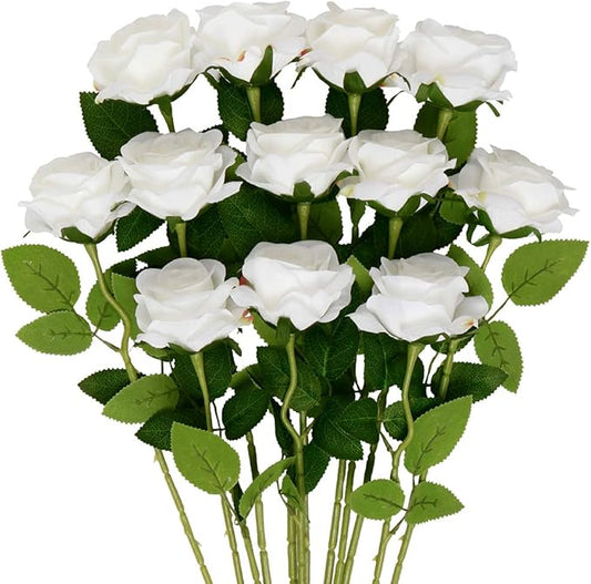 Mocoosy 12 PCS White Rose Artificial Flowers, Fake Roses with Long Stem Realistic Silk Rose Bouquets Wedding Centerpiece Decorations Faux Floral Arrangement Bridal Shower Party Home Office Table Decor