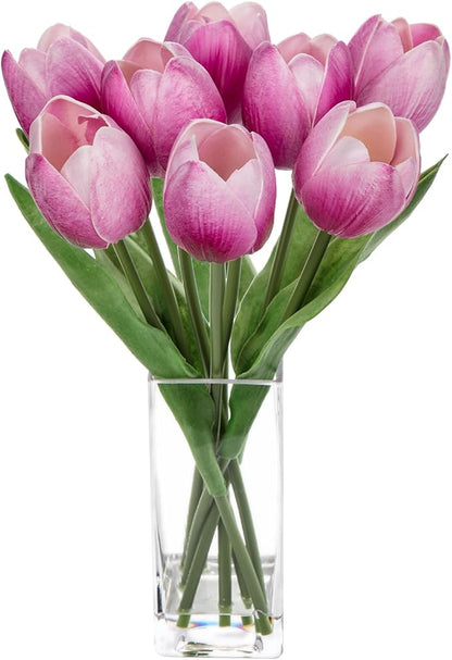 Briful Fake Flowers Artificial Tulip Flower in Clear Vase, Purple Real Touch Foam Tulip Arrangement Suitable for Home Office Decoration, Dining Table Centerpiece