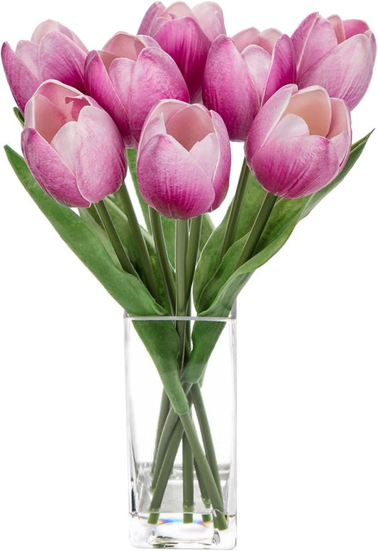 Briful Fake Flowers Artificial Tulip Flower in Clear Vase, Purple Real Touch Foam Tulip Arrangement Suitable for Home Office Decoration, Dining Table Centerpiece