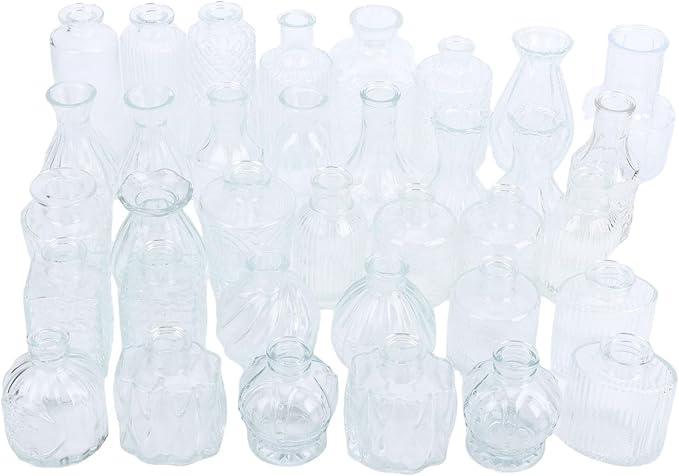 Sorandy 36 Glass Bud Vases, Transparent Multiple Shapes Vintage Embossed Flower Vase Set with Thick Sturdy Crystal Clear Glass for Wedding Home Decor Table Setting
