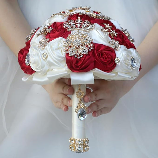 Handmade Satin Rose Floral Bling Pearl Decor Bridal Wedding Bouquet Rhinestone Pendant Artificial Brooch Flowers for Bride Bridesmaid Quinceanera