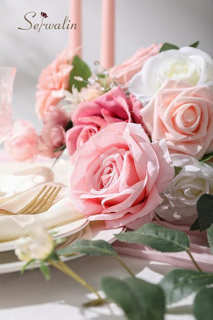 Serwalin Artificial Pink Flowers Spring Roses Silk Fake Flowers for DIY Wedding Bridal Bouquets Cake Flower Baby Shower Table Centerpieces Arrangements Decoration