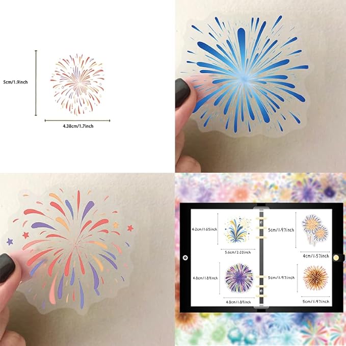 50PCS Transparent Cartoon Watercolor Firework Stickers for Teens Adult, Waterproof PET Decals for Scrapbooking Journal, DIY Craft Decor for Water Bottles, Laptops,Party Supplies & Gift Wrapping