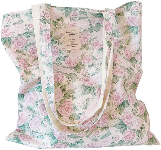 Cotton Canvas Tote Bag Reusable Soft Grocery Cloth Bag Floral Shoulder Bag for Beach Travel Shopping