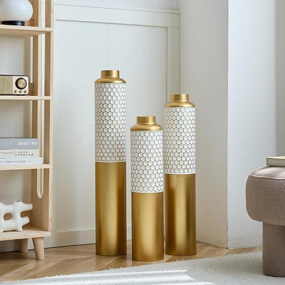 Floor Oversized Gold Metal Decorative Vase with 3D Triangle Pattern Set of 3 Large Vases for Home Living Room 33.5 ", 29.5 ", 25.2" High (Gold+White)