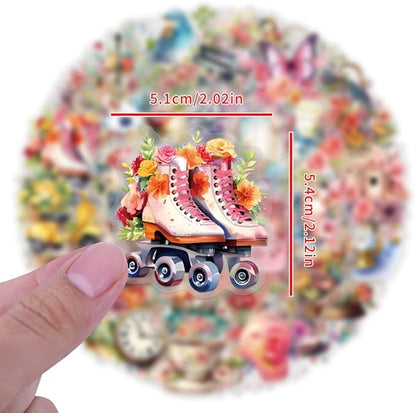 57 Pcs Vintage Watercolor Floral Stickers,Aesthetic PET Transparent Flowers Sticker Waterproof Decorative Decals for Journaling, Decoupage, Planners, laptops, Phone Case, Gift & Card Making