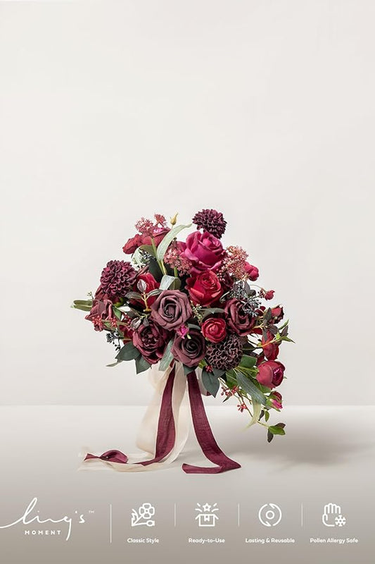 Ling's moment Red Bridal Bouquet Cascading, Burgundy Wedding Bouquets for Bride, 13 Inch Bride Bouquets for Wedding Artificial Flowers Bouquets