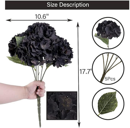 2Bouquets Artificial Fake Flowers Plants Silk Hydrangea Arrangements Wedding Bouquets Decorations Plastic Floral Home Kitchen Garden Party Festival Bar DIY (Black)