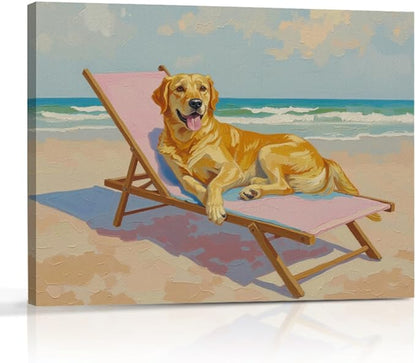 Pink Beach Chair Dog Decor Beach House Wall Decor Canvas Wall Art Framed Art Prints Artwork Posters for Home Living Room Bathroom Dog Mom Room Wall Decorations Paintings Pictures 14.5X11.5 Inch