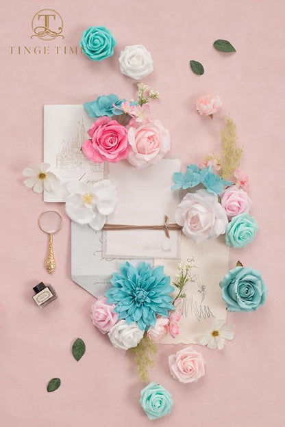 TINGE TIME Artificial Flowers Combo Set Teal Blue & Pink Flowers Mix Silk Flowers Roses with Stem for DIY Wedding Bridal Bouquets Baby Shower Floral Arrangement Table Centerpieces Home Decorations