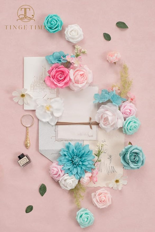 TINGE TIME Artificial Flowers Combo Set Teal Blue & Pink Flowers Mix Silk Flowers Roses with Stem for DIY Wedding Bridal Bouquets Baby Shower Floral Arrangement Table Centerpieces Home Decorations