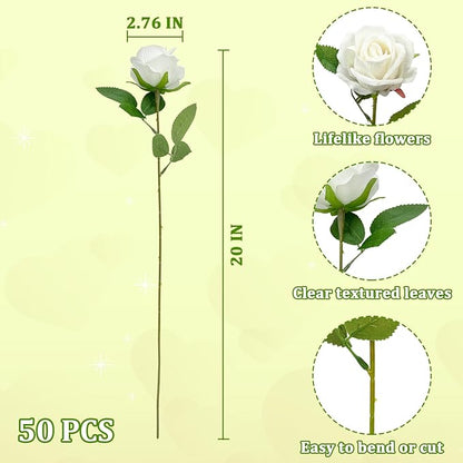 Wondrus Bulk Artificial Flowers 50 PCS, Fake Velvet Silk White Roses with Long Stems Realistic Bouquet for Wedding Centerpieces, Faux Arrangement for Home Table Decor