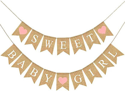 Baby Shower Banner Burlap Rustic Girl Baby Shower Decorations, Sweet Baby Girl Sign Garland for Girl Shower Decoration