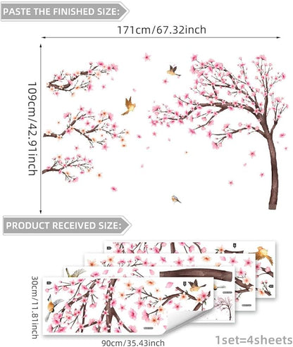 Pink Cherry Blossom Floral Birds Wall Decals Large Cherry Blossom Tree Branch Wall Stickers for Sofa TV Background Wall Decor Bedroom Living Room 67.32x42.91inch