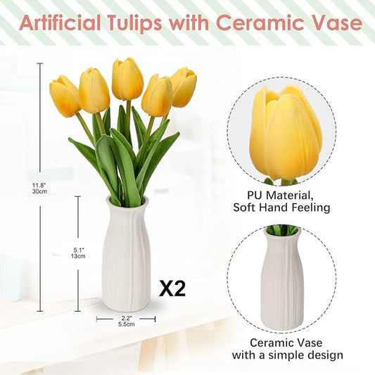Briful 2 Packs Faux Flowers Artificial Tulips with Ceramic Vase, Poly Foam Yellow Tulips Real Touch Flower Arrangement for Home Kitchen Wedding Centerpiece Decoration