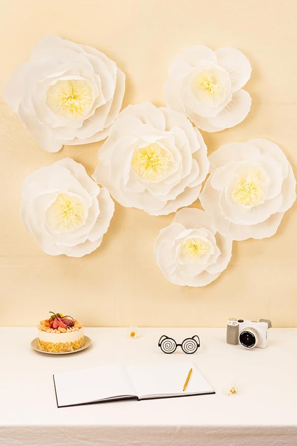 Crepe Paper Flowers Decoration for Wall, Artificial Flowers for Wedding Decor,Flower Backdrop Decor,Baby Shower,Birthday,Archway Decor, Nursery Wall Decor(White and Orange Red,Set/6)