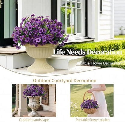 12 Bundles Artificial Flowers for Outdoor, UV Resistant Faux Mums with Eucalyptus Leaves Fake Plants for Outdoor Planters Greenery Boxwood Porch Patio Decoration