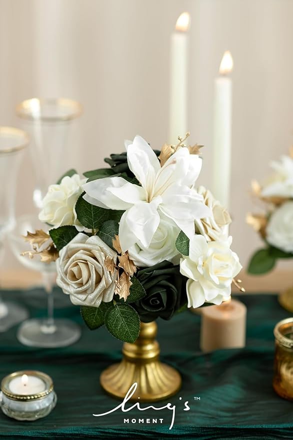 Ling's moment Artificial Flowers 25Pcs Champagne Gold Roses Decor w/Stems, 3" Real Touch DIY Foam Floral for Wedding Bouquet/Centerpieces, Outdoors Party Backdrop, Room/Table, Christmas Decor