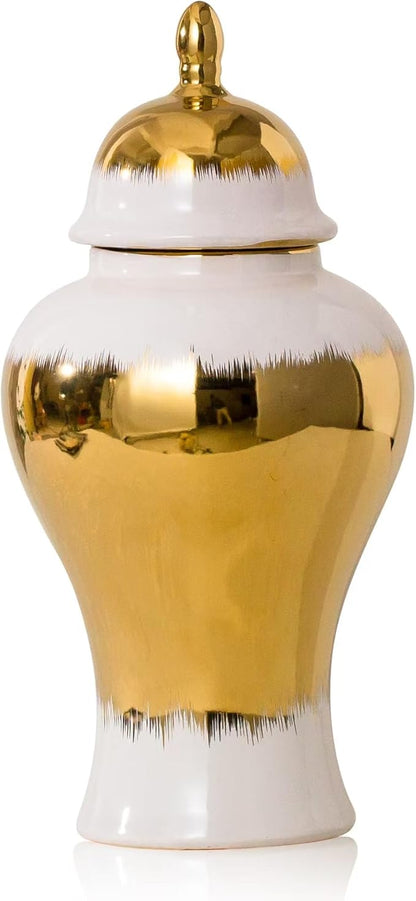 Ginger Jar, White Ceramic Ginger Jar Vase with Gold Trim, White and Gold Vase for Decor Kitchen, Bookshelf Decor, Storage jar, Table Center Vase, Temple Jar(14in