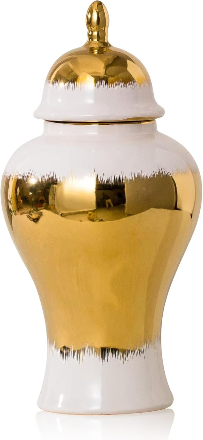 Ginger Jar, White Ceramic Ginger Jar Vase with Gold Trim, White and Gold Vase for Decor Kitchen, Bookshelf Decor, Storage jar, Table Center Large Vase, Temple Jar(18in