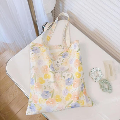 Cotton Canvas Tote Bag Reusable Soft Grocery Cloth Bag Floral Shoulder Bag for Beach Travel Shopping