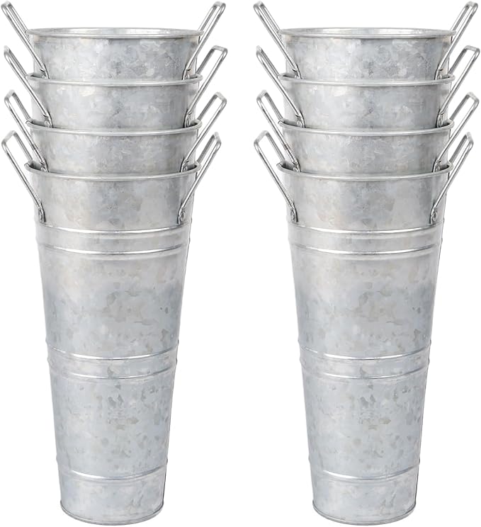 8pcs 10inch Small Galvanized Flower Bucket,Small Metal Vases for Flowers,Metal Vase,Flower Vases for Bouquet,Flower Buckets for Flower Bar Supplies (Silver,10inch Height,Set of 8)