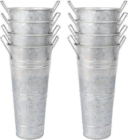 8pcs 10inch Small Galvanized Flower Bucket,Small Metal Vases for Flowers,Metal Vase,Flower Vases for Bouquet,Flower Buckets for Flower Bar Supplies (Silver,10inch Height,Set of 8)