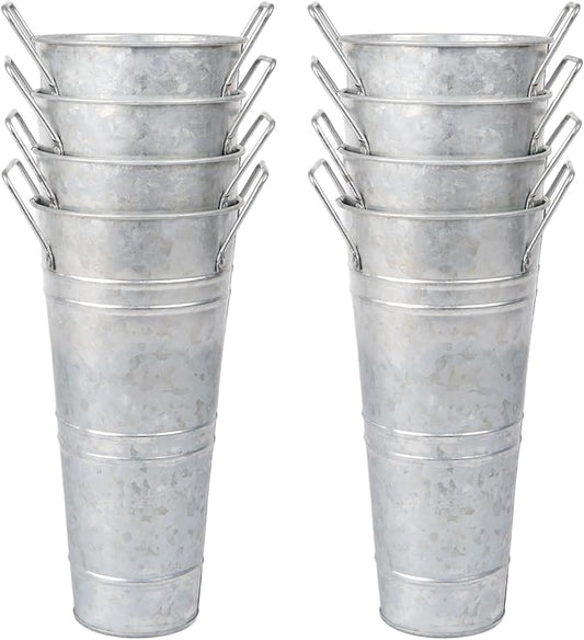 8pcs 10inch Small Galvanized Flower Bucket,Small Metal Vases for Flowers,Metal Vase,Flower Vases for Bouquet,Flower Buckets for Flower Bar Supplies (Silver,10inch Height,Set of 8)