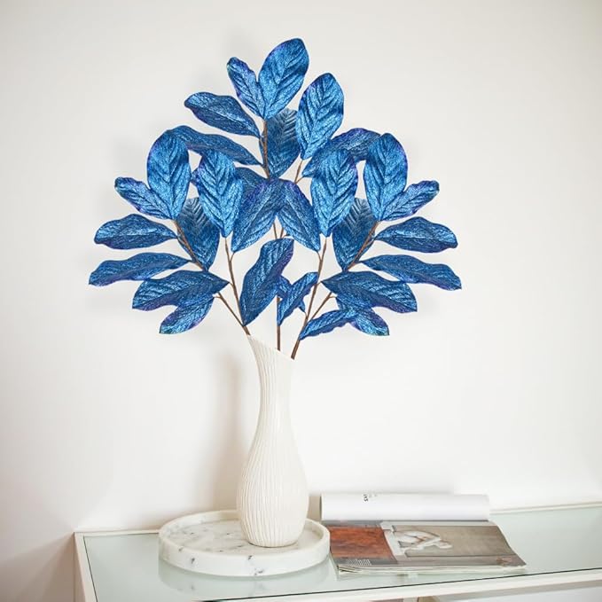 31" Royal Blue Christmas Glitter Leaves Tree Picks and Sprays, 3PCS Artificial Glitter Magnolia Stems for Christmas Tree DIY Garland Wreath Centerpiece Vase Wedding Winter Holiday