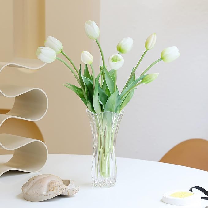 Artificial Flowers 10pcs Fake Tulips Real Touch, Faux Latex Tulips Flowers with Gift Box Soft Faux Tulips Bouquets Arrangements for Party Wedding Home Room Decoration(White)