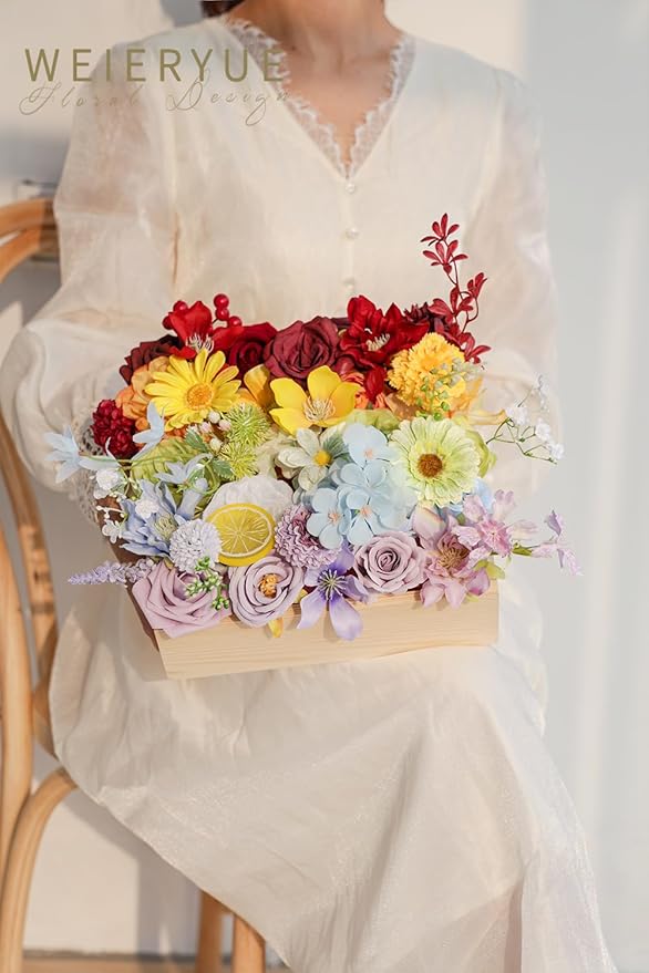 Artificial Flower Box Set Silk Fake Flowers DIY Center Cake Decoration Wedding Bouquet Corsage Home Decor Outdoor Decor Gift (Small Rainbow Flower)