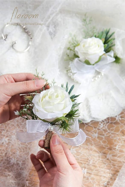 Floroom 3pairs Ivory Rose Wrist Corsage Wristlet Band Bracelet and Men Boutonniere Set for White Wedding Prom
