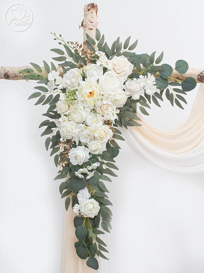 Wedding Arch, Artificial Flowers, Wedding Decor with Drapes (Set of 4)，Be Suited to Banquet, Party, Wedding Decor Ceremony and Background Decoration (White)